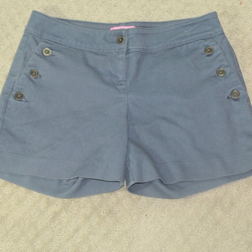 Isaac Mizrahi Blue Stretch Flat Front Shorts Mid Rise Pockets Buttons Size 6
